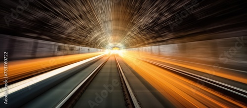 The train passes in the underground tunnel at high speed photo