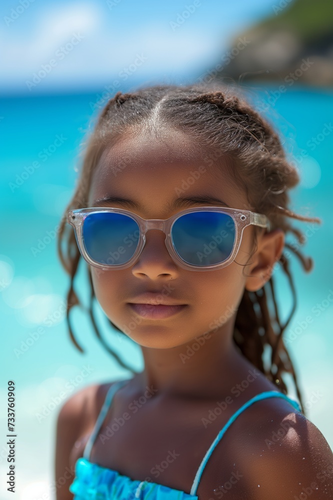 Cute little African American girl standing near the sea in sunglasses, family vacation Cute little African American girl standing near the sea in sunglasses, family vacation