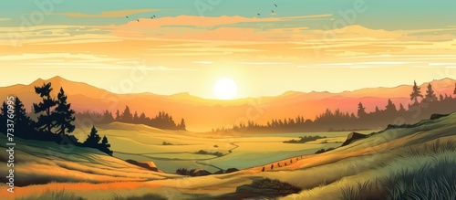 illustration of a view of a field at sunset