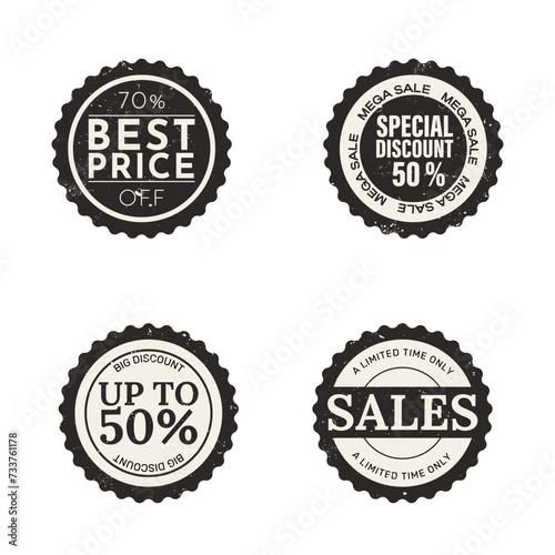 set of black retro stickers and stamps for special offers and discounts in grunge style