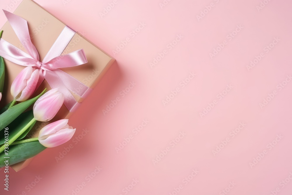 Stylish pink giftbox with ribbon bow and bouquet of tulips on pink background with copy space top view. Valentine's day, Mother's day, Women's Day, Wedding, love concept Stylish pink giftbox with ribbon bow and bouquet of tulips on pink background with copy space top view. Valentine's day, Mother's day, Women's Day, Wedding, love concept