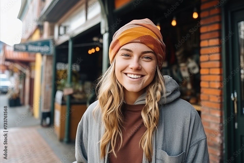 Portrait of a smiling young woman in a hat on the street Portrait of a smiling young woman in a hat on the street