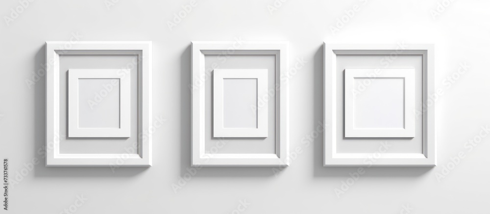 Three empty rectangular white frames stuck to a white wall Three empty rectangular white frames stuck to a white wall