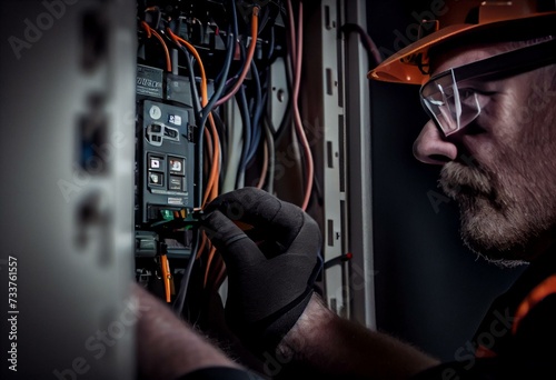Electrician engineer uses a multimeter to test the electrical installation and power line current in an electrical system control cabinet. Generative AI