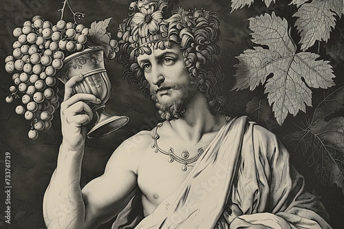 Engraved portrait of Bacchus the Roman god of wine who's father was Jupiter, the Greek equivalent is Dionysus, computer, black and white monochrome stock illustration image photo