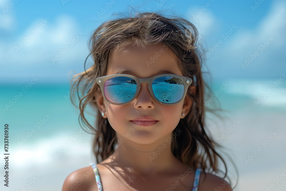 Cute little Indian girl standing near the sea in sunglasses, family vacation Cute little Indian girl standing near the sea in sunglasses, family vacation