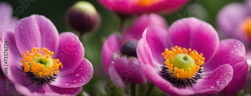 close-up of vibrant pink anemones with delicate dew drops adorning their petals