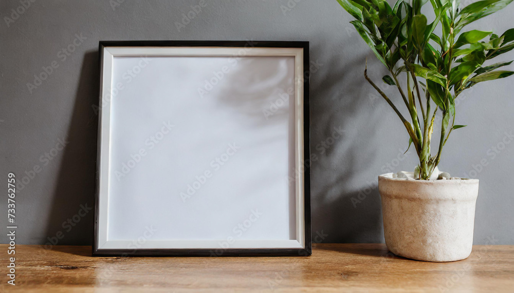 Square frame poster mock up with green plant in vase white stucco wall background. Square frame poster mock up with green plant in vase white stucco wall background.