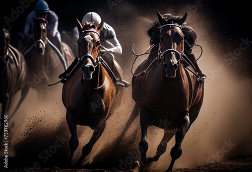 Belmont horses racing close to each other, close race. Generative AI