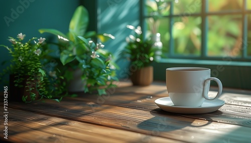coffee cup on table and plants
