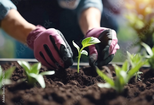 Cura della Natura- Mani con Guanti che si Prendono Cura di una Giovane Piantina, Simboleggiando il Giardinaggio e la Cura