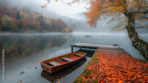 Foggy lake morning with solitary boat and autumnal reflections