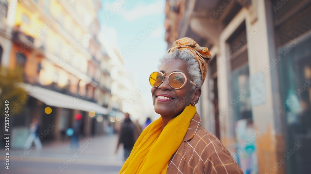An elderly smiling Afro-American woman enjoying a leisurely stroll through the city streets. Concept: Urban elegance and sophistication. - obrazy, fototapety, plakaty 