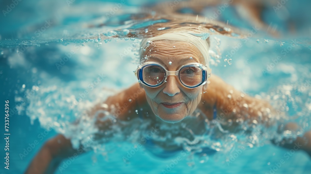Portrait of a senior woman wearing goggles in a swimming pool. Active aging and wellness through swimming.