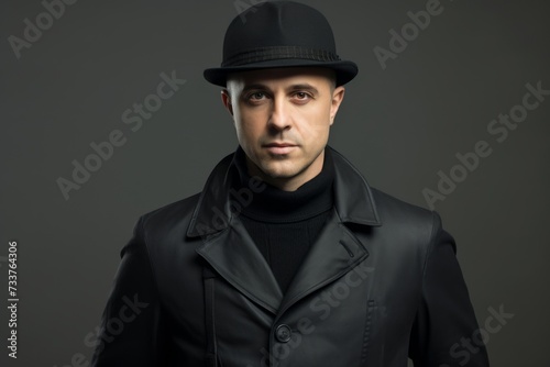 Portrait of a handsome man in a black coat and hat.