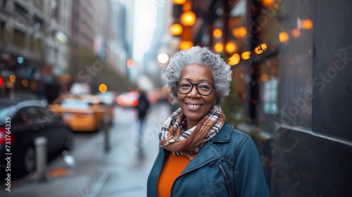Portrait of a smiling mature Afro-American woman exploring the city with poise and confidence. Concept: Confidence and style in mature elegance amidst city living.