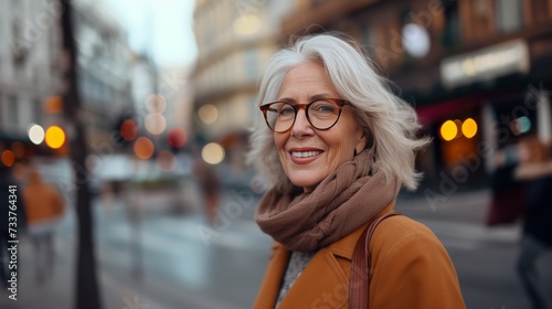 Portrait of a smiling mature woman on the city street. Concept: Confidence and style in mature elegance amidst city living.