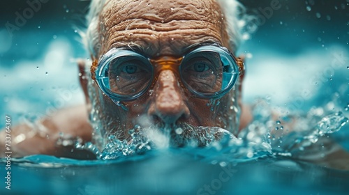 Portrait of a senior man wearing goggles in a swimming pool. Active aging and wellness through swimming.