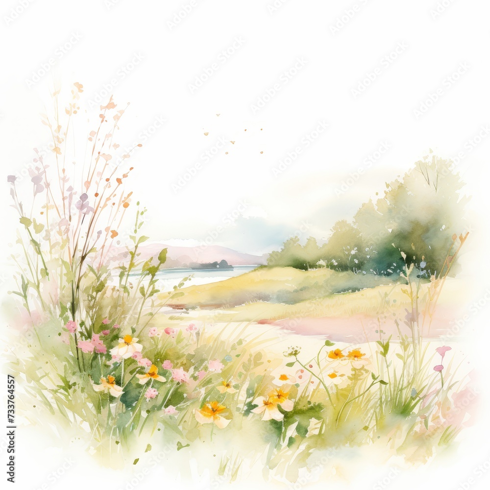 A tranquil watercolor painting depicting a serene countryside scene, dotted with wildflowers and soft, pastel tones blending into the horizon.
