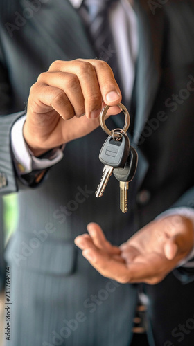 Real estate agent handing over the keys to the customer. Real estate concept .