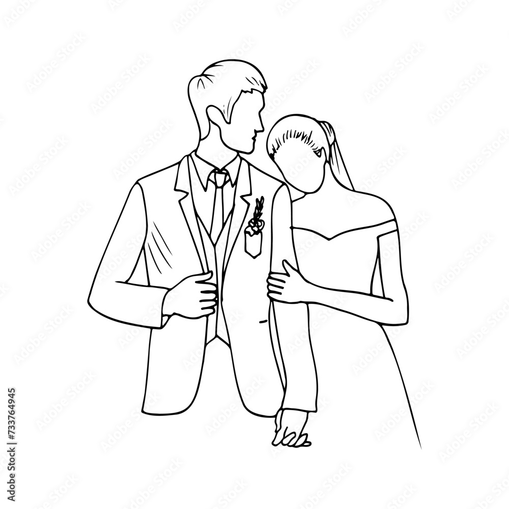 bride stands with her head down on the groom's forearm, they hold hands, the groom looks at the bride and holds the collar of his jacket - a hand-drawn drawing of the newlyweds. wedding illustration