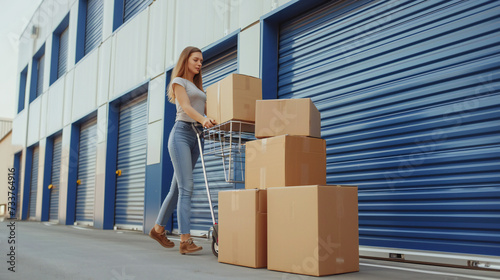 Woman loading cart with cardboard boxes into self storage unit
