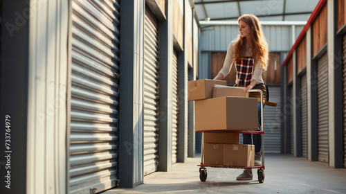 Woman loading cart with cardboard boxes into self storage unit photo