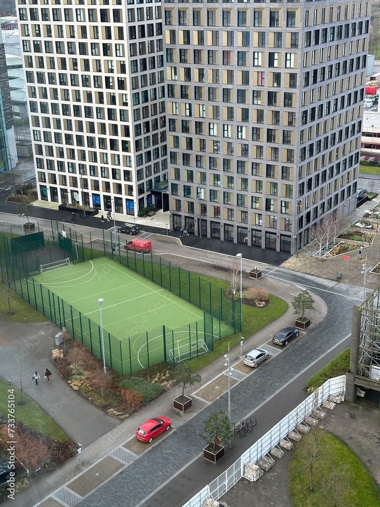 Obraz premium Aerial view of modern buildings and urban living in Salford Quays. 