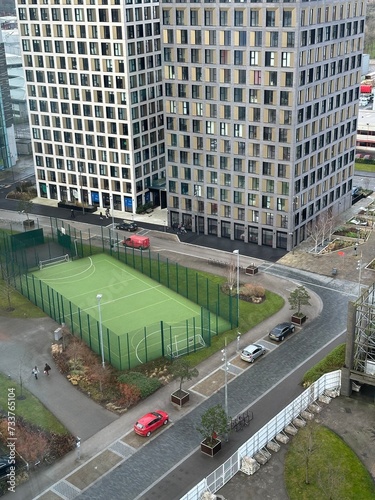 Aerial view of modern buildings and urban living in Salford Quays.  photo