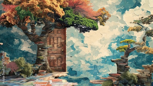 Mystical landscape with door to another world. Grunge torn paper vintage collage. photo