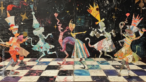 Unusual multicolored pieces dancing on the chessboard. Surreal ripped paper collage. © Oleg