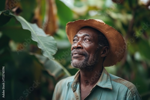A man wearing a hat stands amidst lush jungle vegetation. 