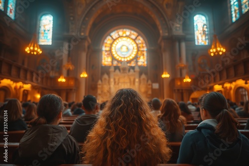 Young Jewish worshipers inside a synagogue.