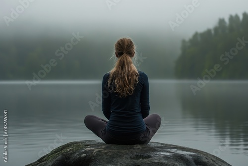 A young woman relaxes at the end of the day meditating in her favorite place, nature.