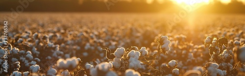 Panoramic of a cotton field at sunset.