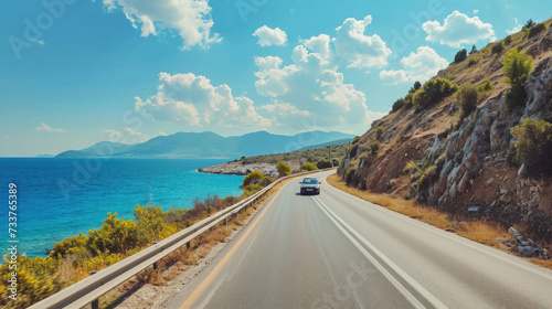 Driving a car on a road to the sea in Greece .