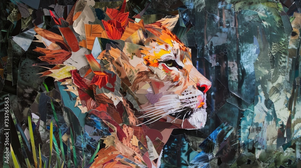 Beautiful girl with animal features. Eclectic torn paper collage.