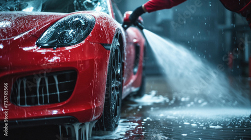 Car wash series : Washing red car with high pressure water .