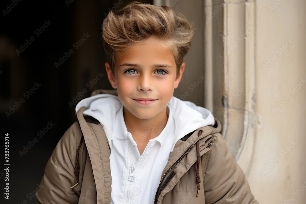 Portrait of a cute young boy with blond hair in the city Portrait of a cute young boy with blond hair in the city