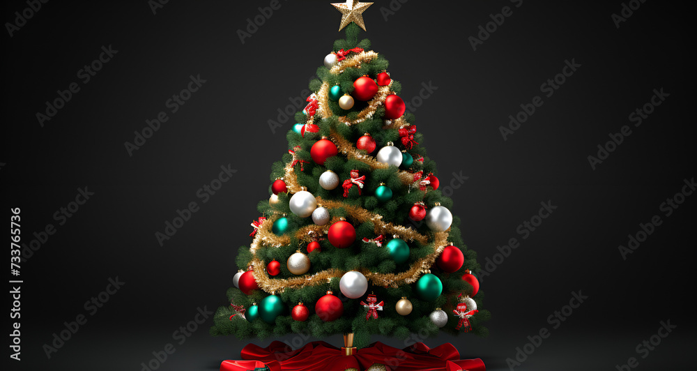 Fototapeta premium Decorated Christmas tree with colorful ornaments on dark background