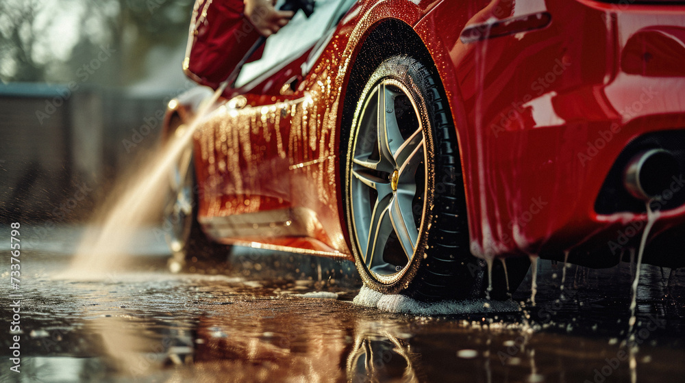 Car washing with high pressure water. Red car wash with high pressure water . - obrazy, fototapety, plakaty 