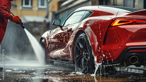 Car washing with high pressure water. Washing car with high pressure water . © Art AI Gallery