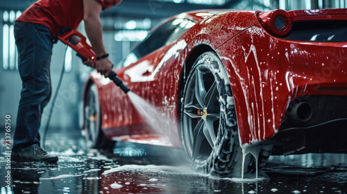 Car washing series : Cleaning car with high pressure water and foam photo