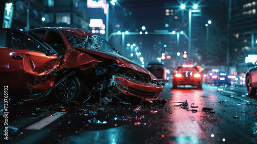 Car accident on a city street at night. Car crash on the road . © Art AI Gallery