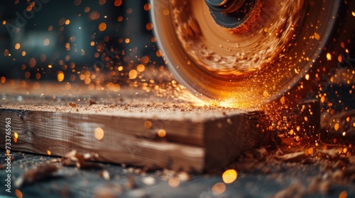 Circular Saw Cutting Wood With Spark Flurries in a Workshop