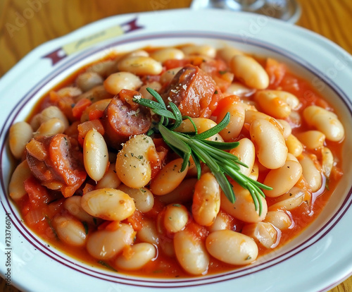  Polish ,baked beans,, White beans cooked in a thick tomato sauce, there are small pieces of sausage in the tomatoes. AI generative. photo