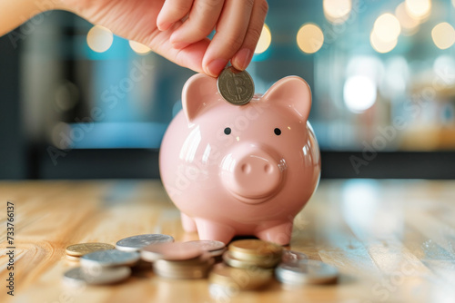 Person Putting a Coin Into a Pink Piggy Bank