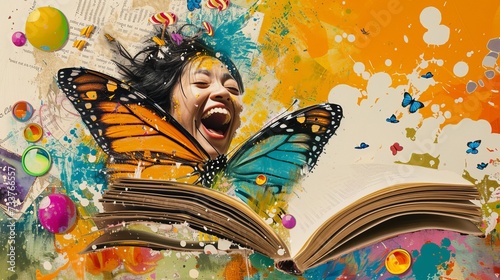 Young woman with opened book against color background with paint splashes and butterfly. Trendy collage with torn paper.