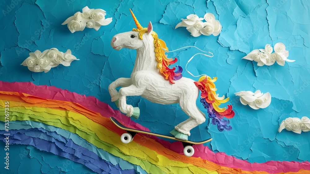 Obraz premium Rainbow unicorn skateboarding. Trendy collage with torn paper.