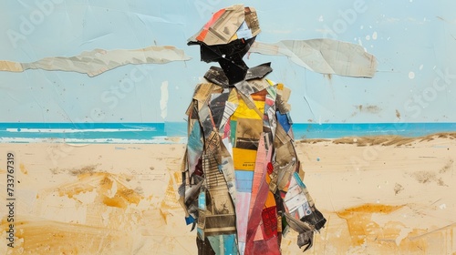 Abstract silhouette of black woman against the background of sandy beach and sea. Vintage torn paper collage.